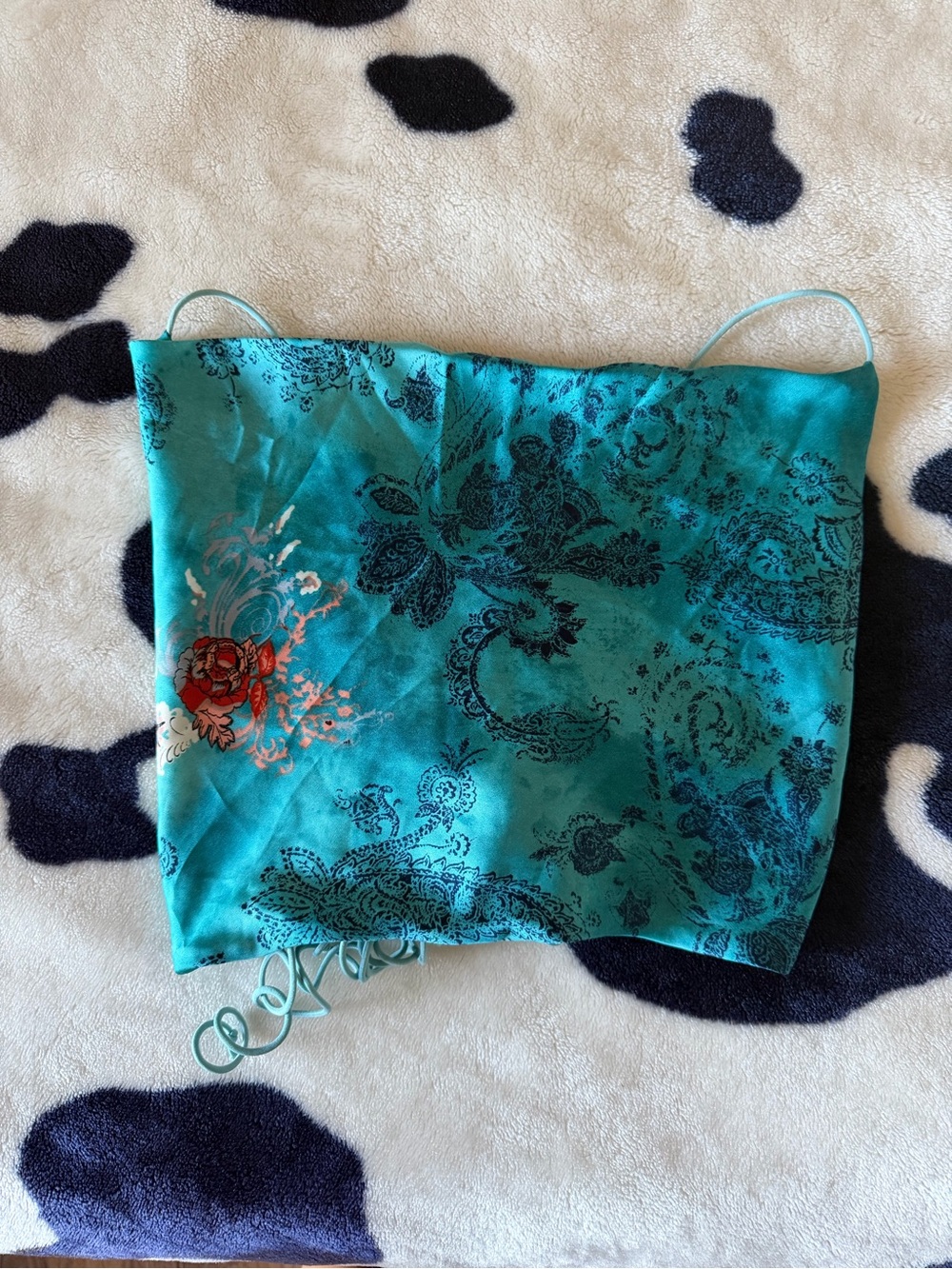 Fashion Nova Teal Floral Satin Top with Navy Paisley and Red Rose